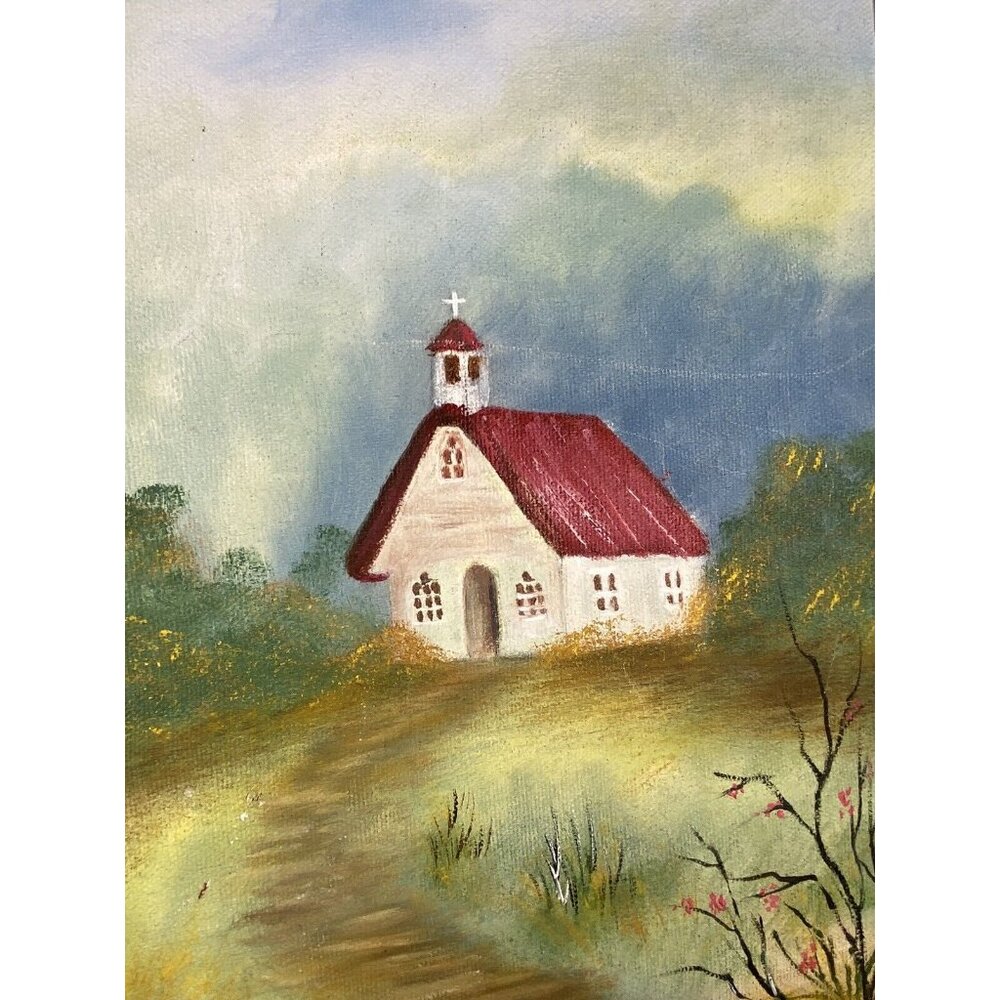 Original Acrylic on Canvas Country Pathway To Church By Vella 1993 Framed - Picture 6 of 10